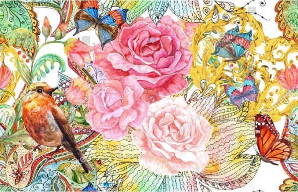 Фотообои Нарисованные розы и соловей
