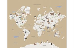Фотообои Карта мира с животными бежевая