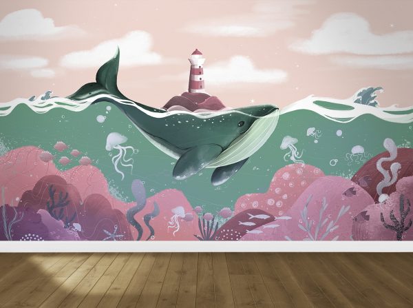 Фотообои Зелено-розовый океан, кит и маяк