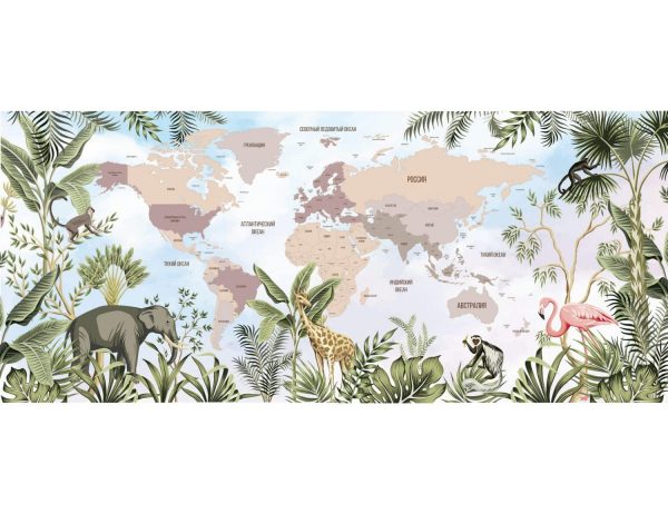 Фотообои Карта мира с джунглями бежевая