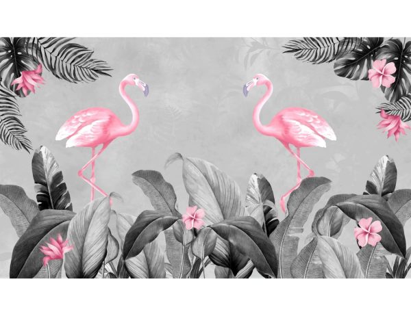 Фотообои Фламинго и зелено-белые листья пальмы