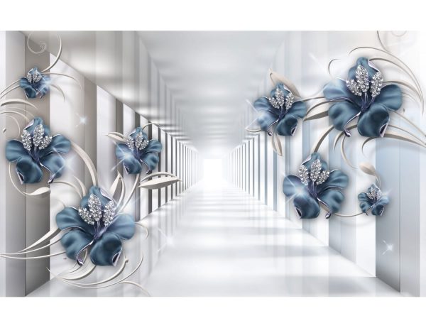 Фотообои Прямой тоннель с синими цветами