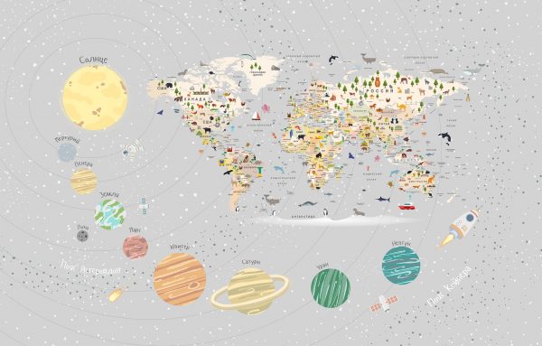 Фотообои Карта мира с планетами светлая 3