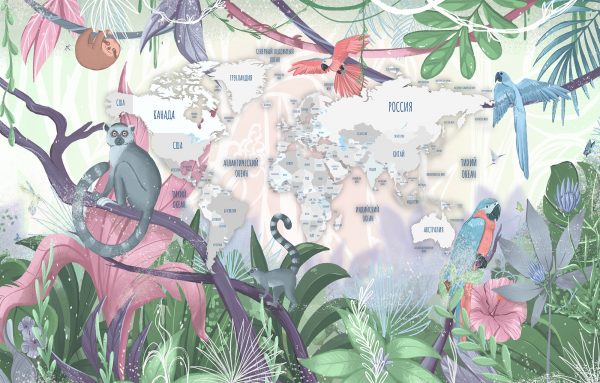 Фотообои Карта джунгли с лемурами зелено-розовая 1
