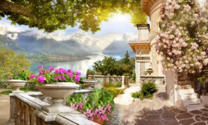 "Фотообои Балкон с цветами с видом на горы"