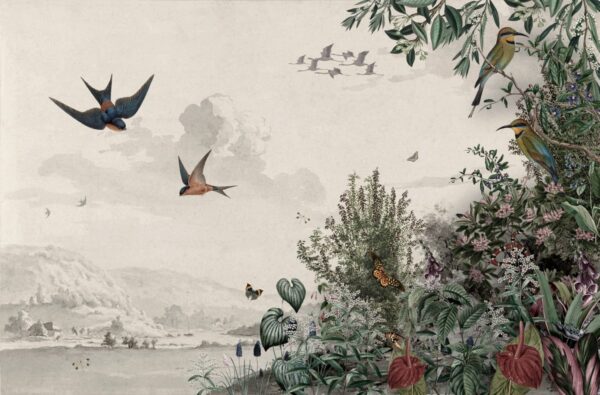 Фотообои Парящие птицы над цветами